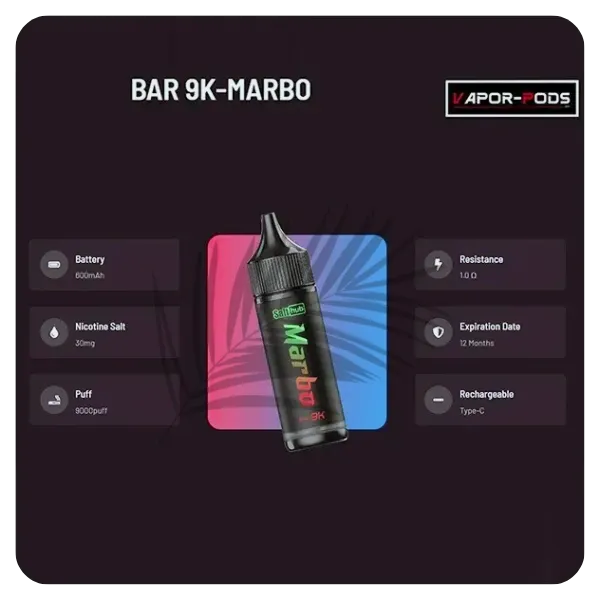 Marbo Bar 9000 Puffs:泰國馬博爆款拋棄式,雙網芯智能油電顯示,現貨供應